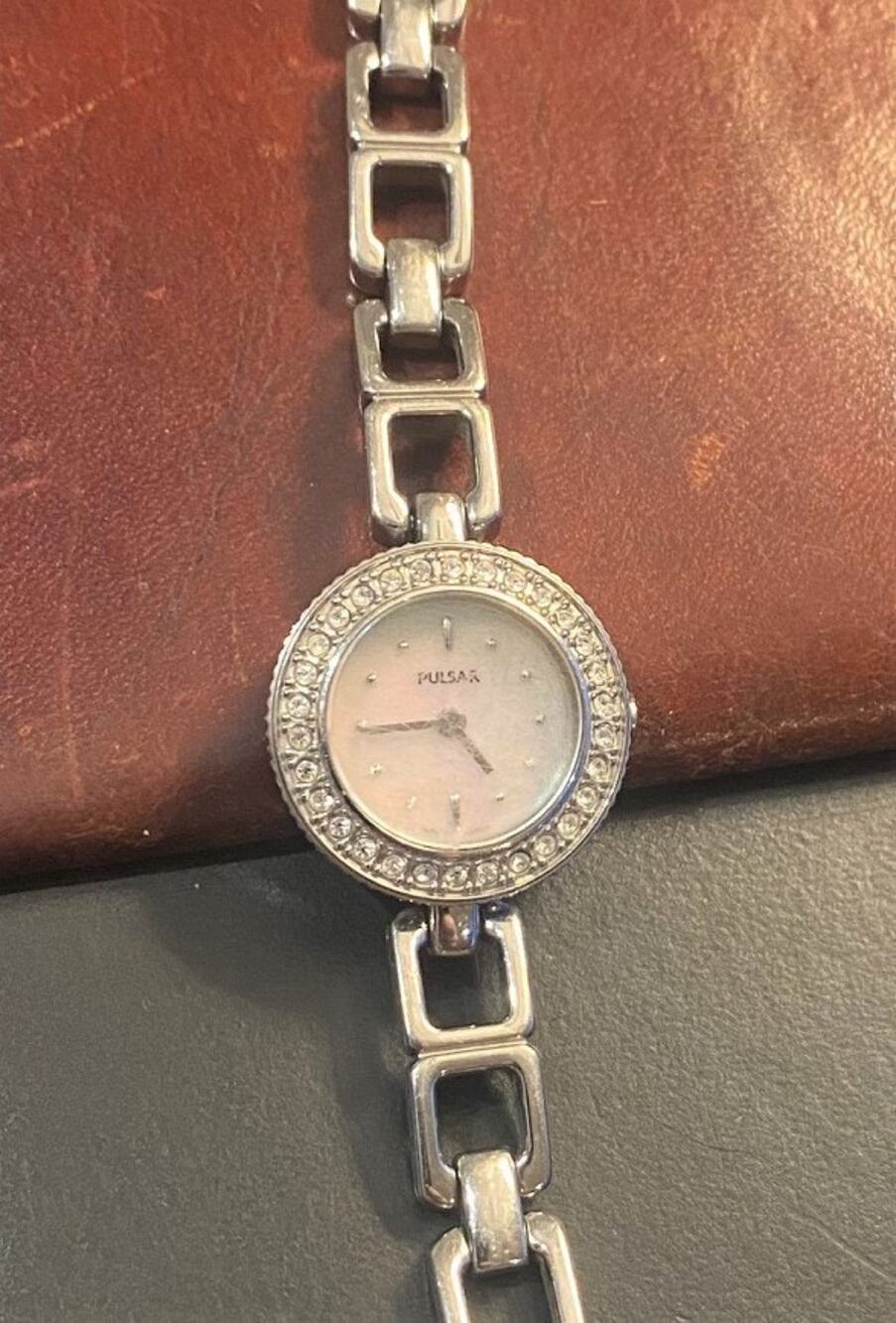 Women's 20mm Silver Tone Pulsar Watch, MOP Face, Crystal Accented Bezel